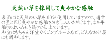 この置き畳は天然い草を100％使用していますので、通常の琉球畳と同じ爽やかな感触をお楽しみいただけます。また手触りのよい目積畳織りで仕上ています。和室はもちろん洋室やリビング畳、ユニット畳など、どんな和室にも調和します。